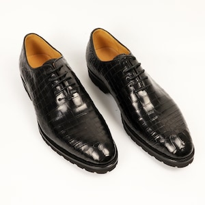 Belly Genuine Leather Men’s Wholecut Oxford Formal Business Dress Shoes Black Alligator Men Shoes Size 7-11US