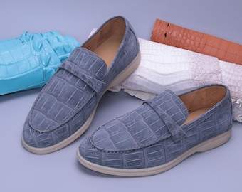 Handmade Alligator Nubuck Leather Loafers - Exotic Slip-On Dress Shoes