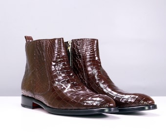 Genuine Leather Men’s Boots, Alligator Ankle Boots, Exotic Boots for Men, Leather Chelsea Boots for Men, Formal Style