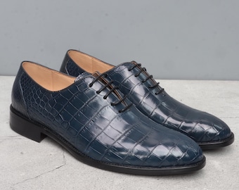 Handmade Alligator Wholecut Oxford Shoes for Men – Exotic Leather Dress Shoes, Luxury Formal Lace Up Oxfords – Black, Navy Blue, Dark Brown