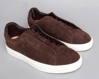 Handmade Suede Sneakers: Men's Low Top Casual Shoes with White Rubber Sole