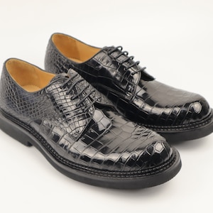 Alligator Dress Shoes for Men – Handmade Black Leather Derby Shoes, Exotic Lace-Up Oxford Style, Business Formal Footwear Size 7-12US
