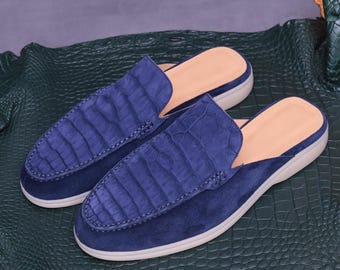 Nubuck Alligator Mules – Handmade Slip-On Backless Loafers for Men