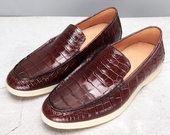 Genuine Leather Loafers for Men, Slip-On Luxury Shoes, Men’s Handmade Exotic Slip-On Dress Shoes, Alligator Men’s Handmade Slip-On Shoes