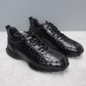 Zapatos de piel auténtica para hombre / Zapatillas de piel de cocodrilo negras y marrón oscuro para hombre, tallas 7-11 (EE. UU.)