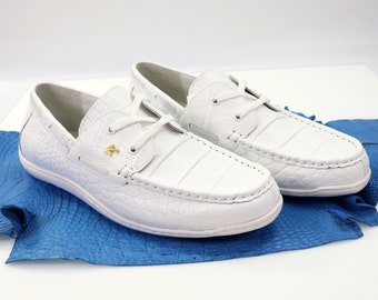 Zapatos de piel auténtica para hombre, mocasines blancos de piel de cocodrilo, sin cordones, tallas 7-11 (3 colores disponibles).