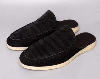 Handmade Nubuck Alligator Mules: Luxury Exotic Leather Loafers