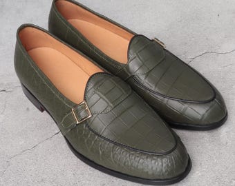 Matte Alligator Slip-On Shoes for Men – Handmade Genuine Leather Sneakers in Green, Black, Blue, Brown, Olive – Sizes 7–11 US