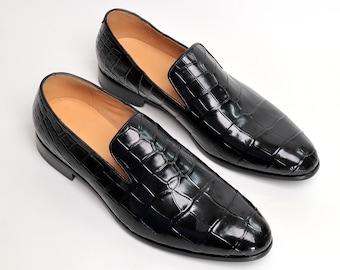 Mocassins Venezianos Masculinos em Couro de Crocodilo, Sapatos Sociais Minimalistas Feitos à Mão