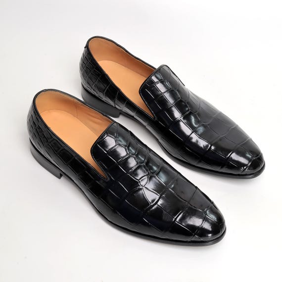 Men Alligator Venetian Loafers, Handmade Minimalist Slip-On Dress Shoes