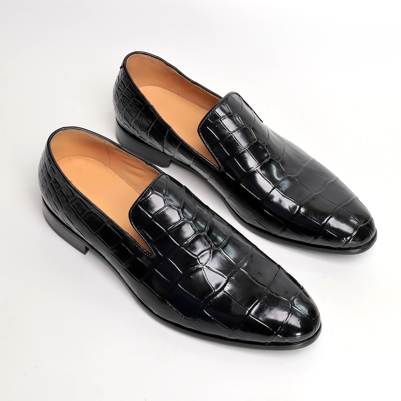Men Alligator Venetian Loafers, Handmade Minimalist Slip-On Dress Shoes image 1
