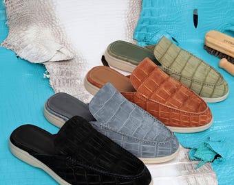 Alligator Nubuck Mules for Men – Handmade Slip-On Casual Loafers – Exotic Leather Shoes for Him