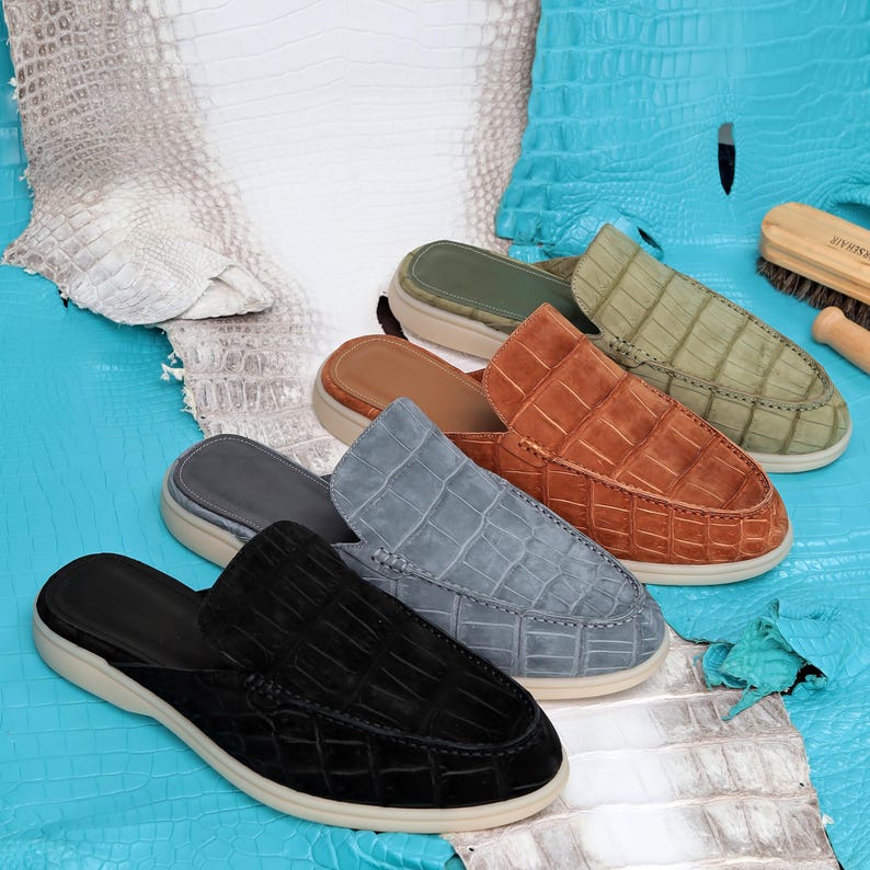Alligator Nubuck Mules for Men – Handmade Slip-On Casual Loafers – Exotic Leather Shoes for Him image 1