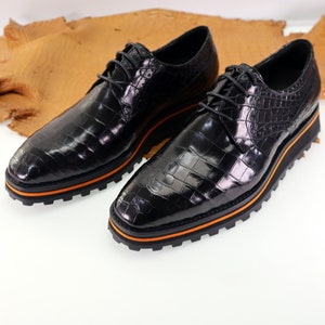 Bauch Echtes Leder Herren Derby Perforierte Schnürschuhe | Schwarze Alligator Herrenschuhe Größe 7-11US #865