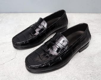 Mens Alligator Penny Loafers, Handmade Genuine Leather Slip-On Shoes, Exotic Dress Footwear