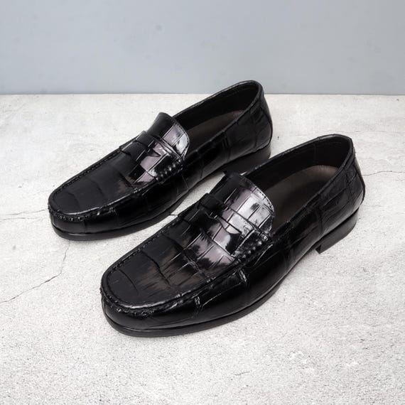 Genuine Leather Men's Shoes Black Alligator Slip-on Loafer Men