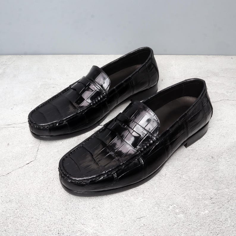 Mens Alligator Penny Loafers, Handmade Genuine Leather Slip-On Shoes, Exotic Dress Footwear image 1