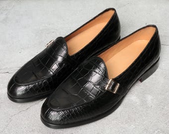 Alligator Monk Strap Loafers – Handmade Slip-On Dress Shoes for Men