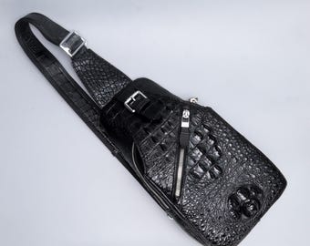 Herren Schulter Messenger Crossbody Ledertasche , Alligator Schulter Cross Body Messenger Pack Sling Laptoptasche iPad Tasche Leder Schwarz