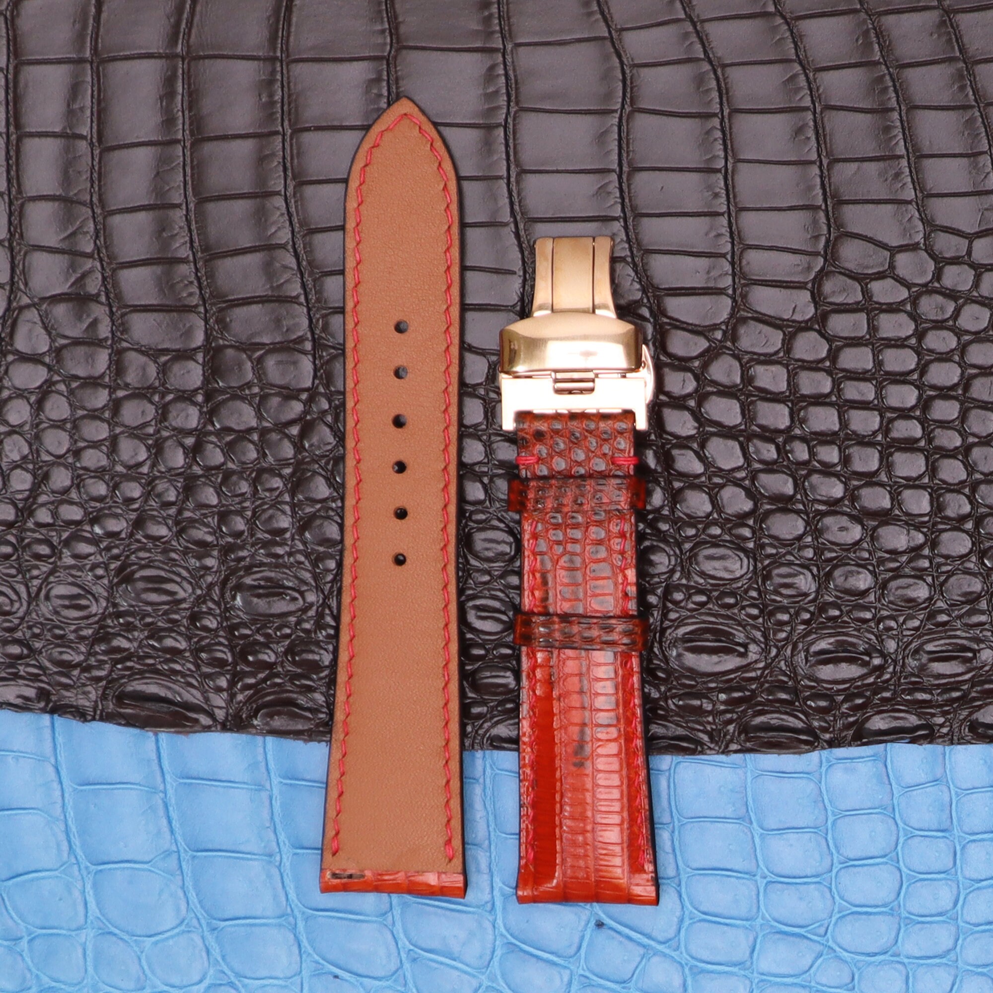 Bracelet De Montre En Cuir Véritable Bleu Motif Crocodile - Largeur 16-22-24 Mm, 2e Choix