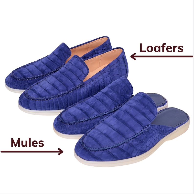 May include: Blue loafers and mules with a textured, crocodile-like pattern. The loafers are closed-toe shoes, while the mules are backless. Both styles have a white sole and are displayed on a white background. The text "Loafers" and "Mules" are included.