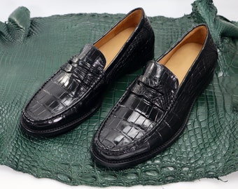 Belly Genuine Leather Men's Shoes Black Alligator Slip-On Loafer Men Shoes Size 7-11US #901