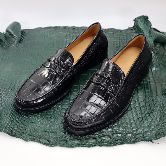 Genuine Leather Men's Shoes Black Alligator Slip-On Loafer Men Shoes Size 7-11US #901