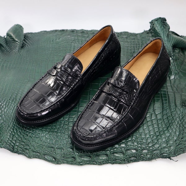 Belly Genuine Leather Men's Shoes Black Alligator Slip-On Loafer Men Shoes Size 7-11US #901