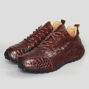 Zapatos de hombre de piel auténtica, color marrón oscuro, con estampado de cocodrilo negro, tallas 7-11 (EE. UU.)