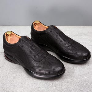 Handmade Black Ostrich Leather Sneakers: Luxury Slip-On Shoes