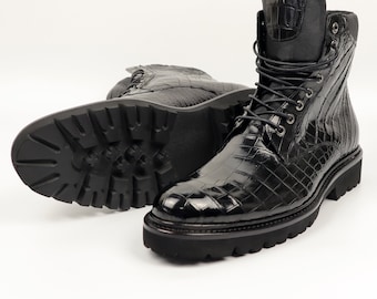 Genuine Leather Men’s Boots Black, Dark Brown Alligator Men Shoes Size 7-12US #829