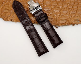 Alligator Leather Watch Strap, Curved End with Deployment Clasp