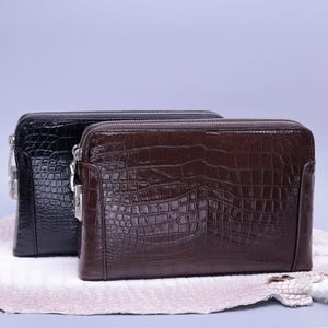 Alligator Clutch Bag for Men – Handmade Zip Organizer Wallet with Wrist Strap