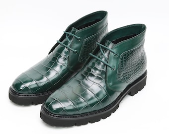Alligator Chukka Boots for Men – Handmade Exotic Leather Ankle Boots in Green, Rugged Outdoor & Dress-Casual Style