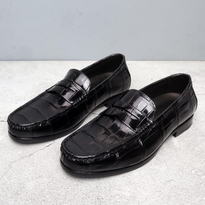 Mens Alligator Penny Loafers, Handmade Genuine Leather Slip-On Shoes, Exotic Dress Footwear image 4