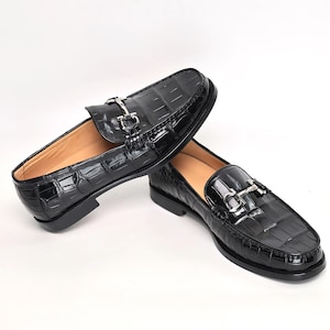 Instappers met krokodillenprint en paardenbitmotief voor heren – leren slip-on nette schoenen afbeelding 6