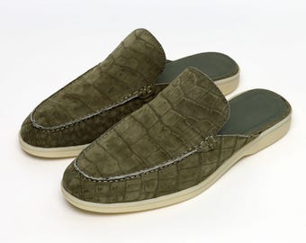 Handmade Nubuck Alligator Mules – Luxury Exotic Leather Loafers for Men, Slip-On Casual Dress Shoes