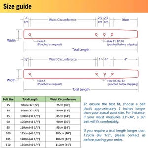 Puede incluir: Gr&aacute;fico de gu&iacute;a de tallas con tabla de tallas de cinturones. Incluye la longitud total en cm y pulgadas, la circunferencia de la cintura en cm y pulgadas, y diagramas de medidas de cinturones. El texto explica c&oacute;mo medir un cintur&oacute;n.
