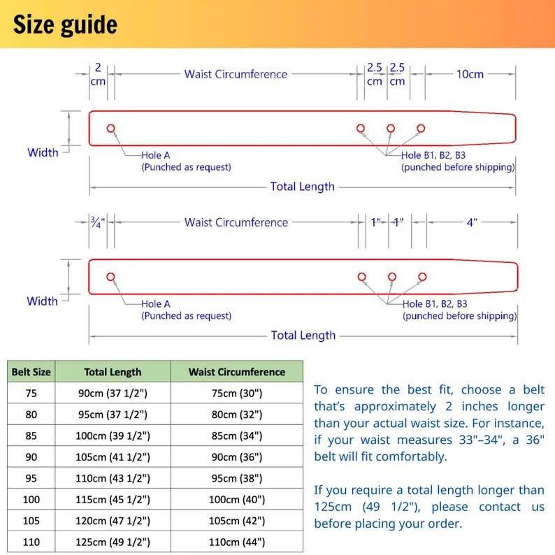 Puede incluir: Gr&aacute;fico de gu&iacute;a de tallas con tabla de tallas de cinturones. Incluye la longitud total en cm y pulgadas, la circunferencia de la cintura en cm y pulgadas, y diagramas de medidas de cinturones. El texto explica c&oacute;mo medir un cintur&oacute;n.