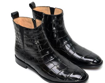 Handmade Alligator Chelsea Boots for Men – Exotic Leather Ankle Boots, Formal Dress Boots, Classic Side Zip Boots