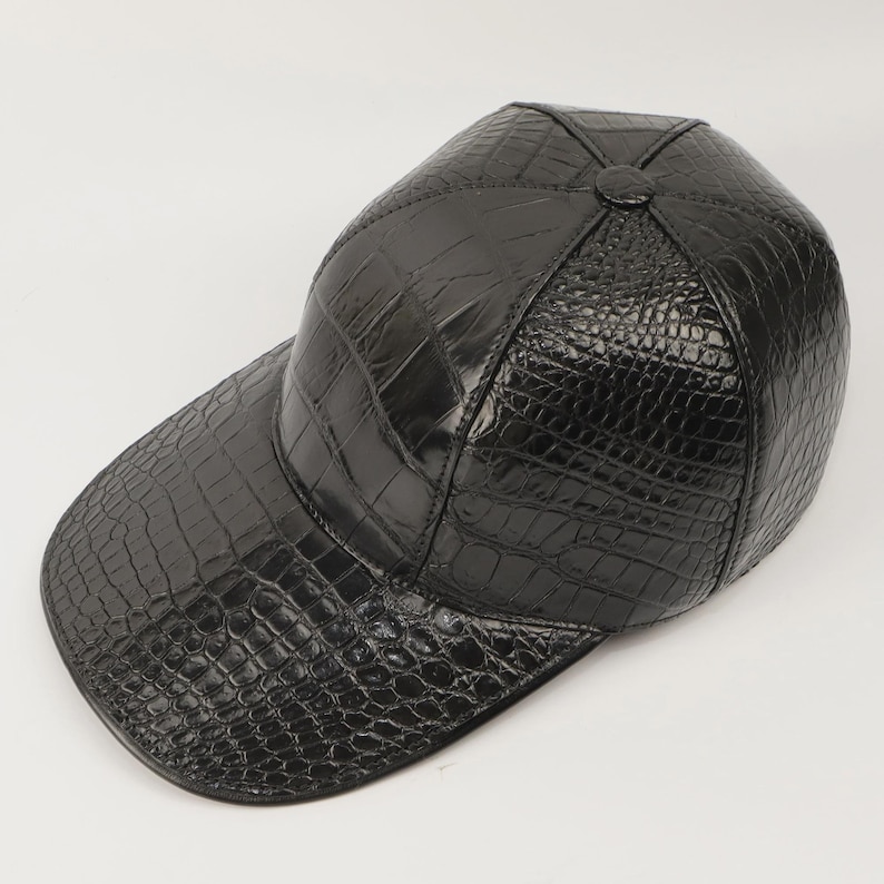 Adjustable Alligator Cap – Handmade Leather Hat, Genuine Leather Cap for Men Black belly