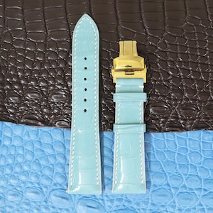 Light Blue Genuine Leather Watch Band Strap Alligator Replacement Watch Strap Band Quick Release Pins Choice of Width, Buckle, Stitches