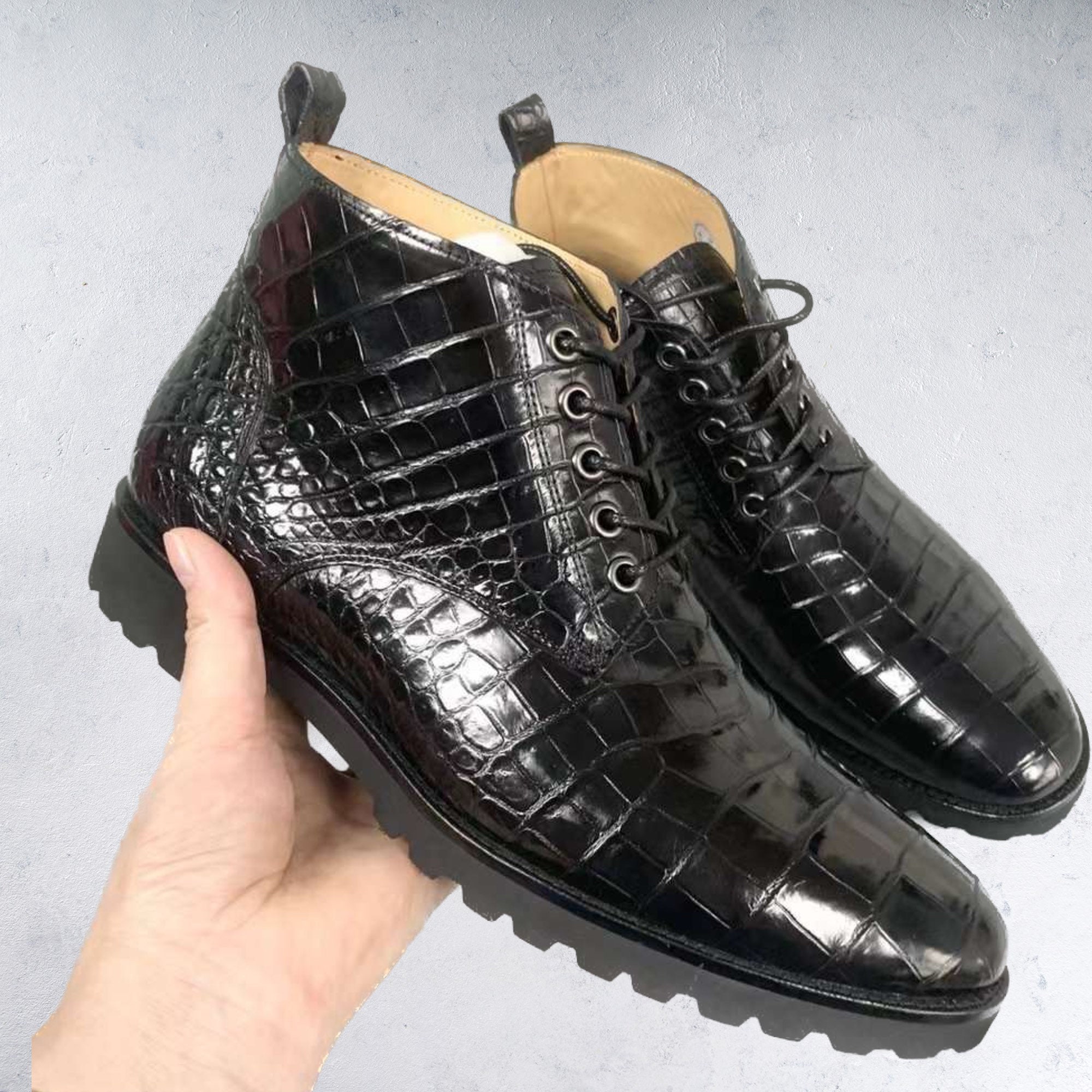 Genuine Leather Mens Laceup Boots Black Alligator Men Shoes Etsy