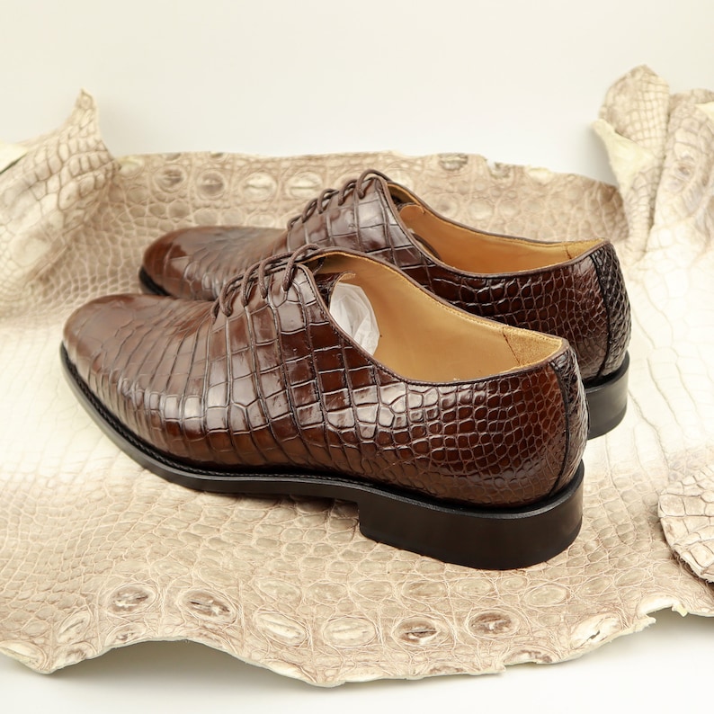 May include: A pair of brown leather shoes with crocodile skin pattern. The shoes have lace-up closures and are sitting on a piece of crocodile skin.