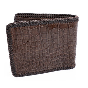 Cartera plegable de piel auténtica para hombre / Cartera de piel con bordes de piel de caimán / Regalo de aniversario / Cartera personalizada