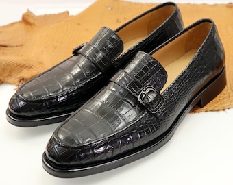 Genuine Leather Men’s Monk Strap Slip-On Loafer Formal Business Dress Shoes Black Alligator Men Shoes Size 7-14US #863