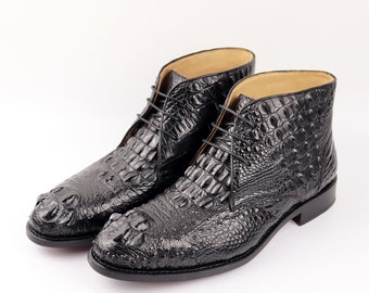 Genuine Leather Men’s Boots Black Alligator Lace Up Chukka Boots Men Shoes genuine leather chukka boots Size 7-14US #881