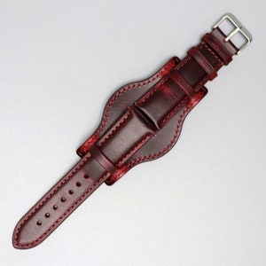 Bund Strap Leather Wide Cuff Watch Band, Bund Watch Band, Genuine Dark Red Leather Wristwatch Band, Full Bund Strap 18 20 21 22 23 24 25 26
