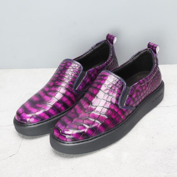 Patina Alligator Slip On Shoes, Handmade Leather Sneakers, Custom Color Patina Shoes for Men