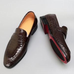 Men's Alligator Penny Loafers, Handmade Genuine Leather Slip-On Dress Shoes, Lightweight Black & Dark Brown Brown
